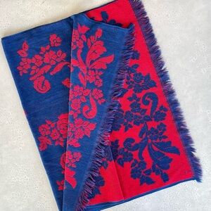 Vintage Retro Floral Print Red and Blue 2 Sided Bath Towel 39”x 25”